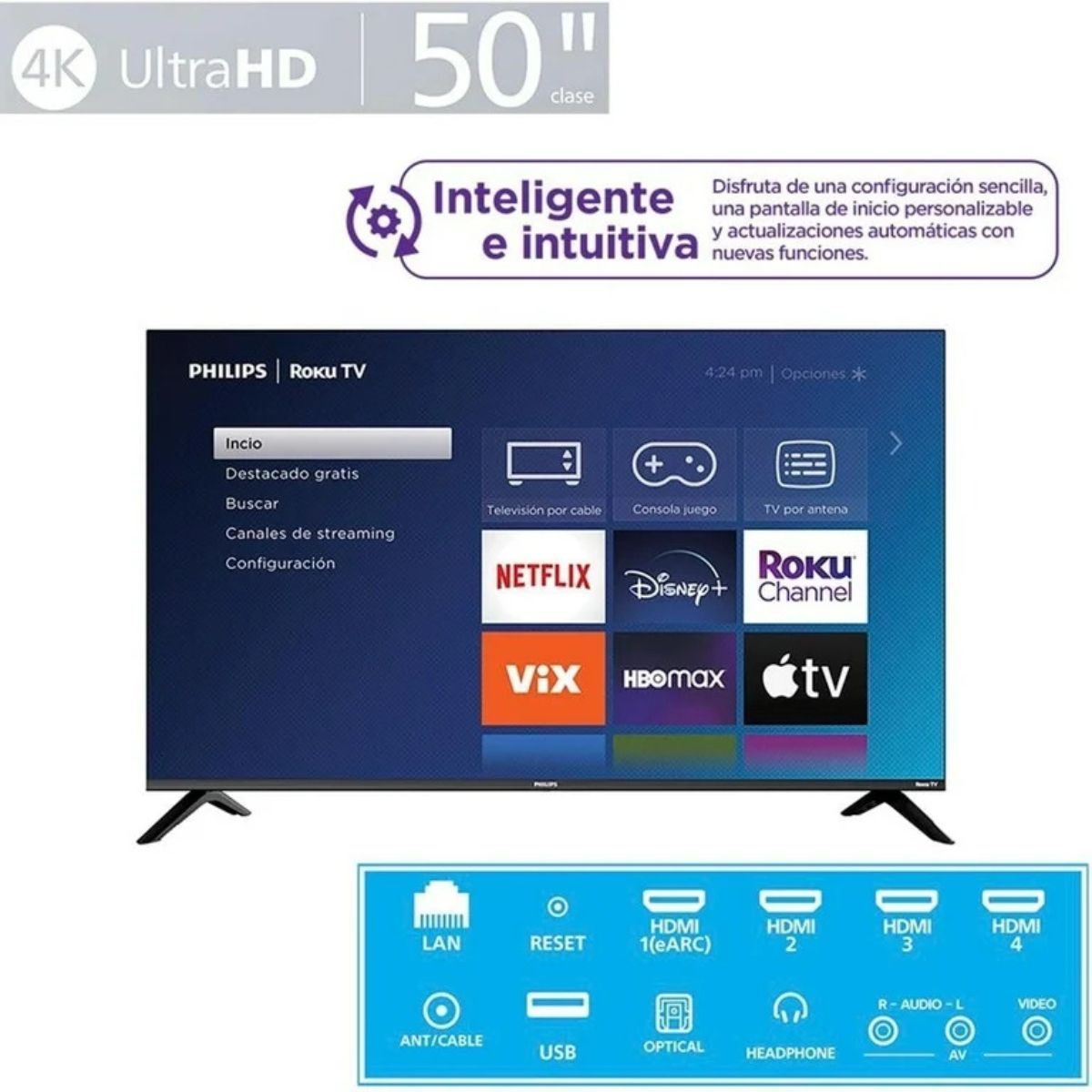 Pantalla Philips 50 pulgadas Roku 4K Ultra HD LED 50PUL6652