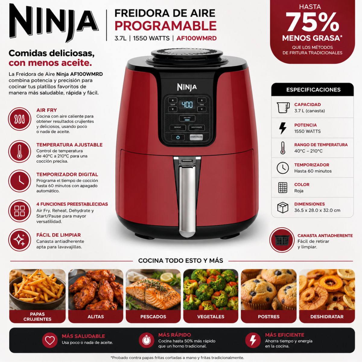 Freidora de aire Ninja Programable 3.7L 1550 watts Roja AF100WMRD
