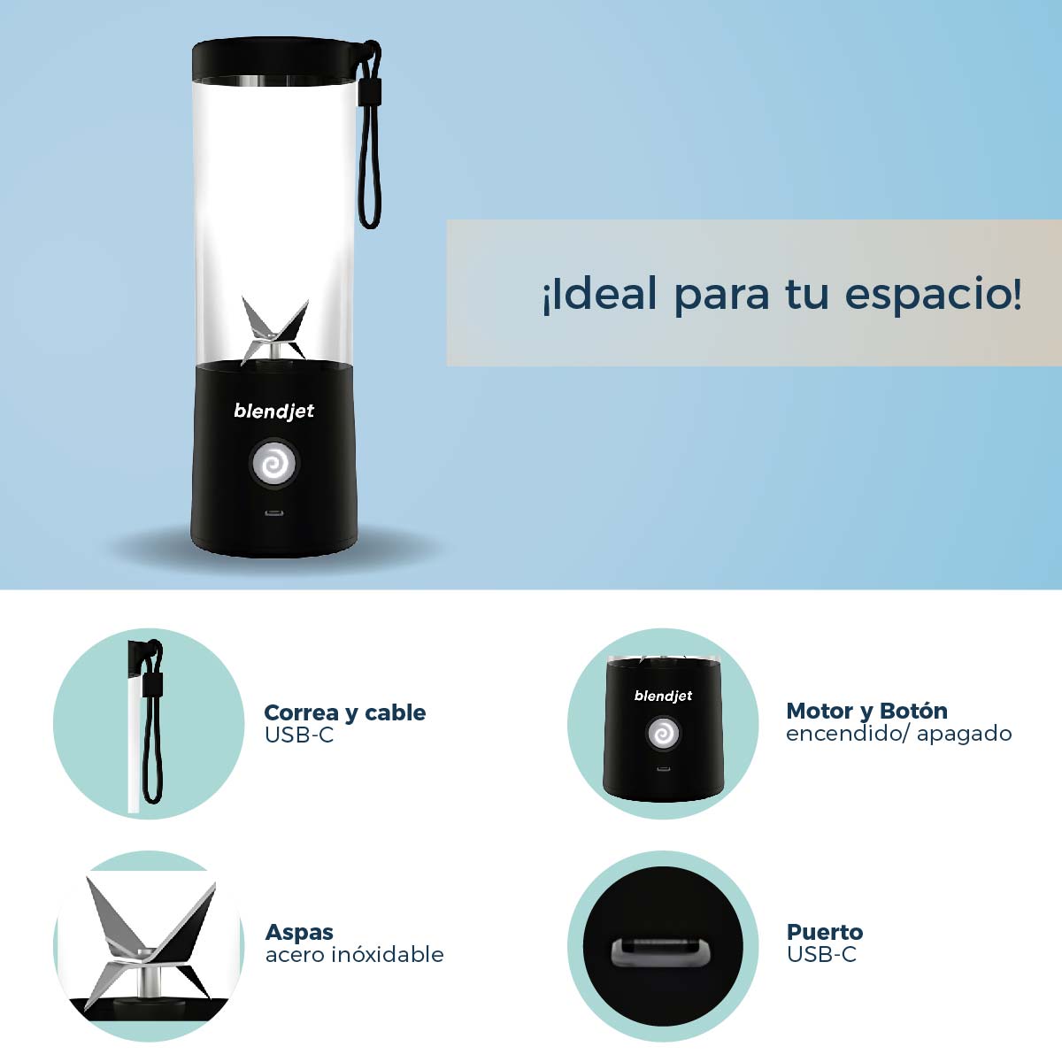 Licuadora Portátil 2 de 16 Oz con correa recargable USB BLENDJET2BLK