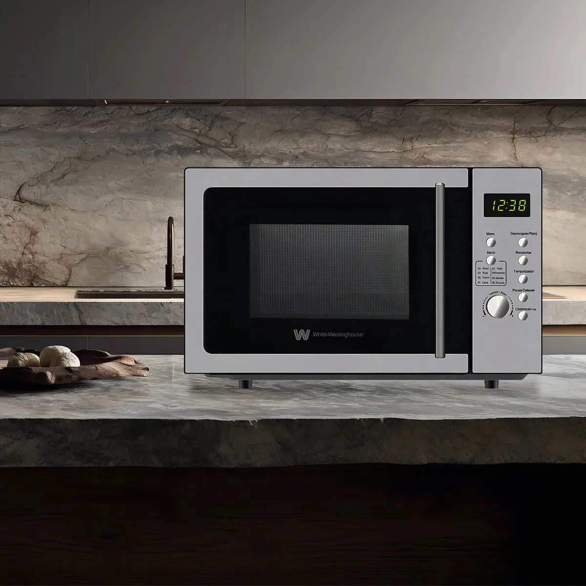 Horno de microondas color plateado, 1350 W, capacidad de 25 L y plato giratorio White Westinghouse