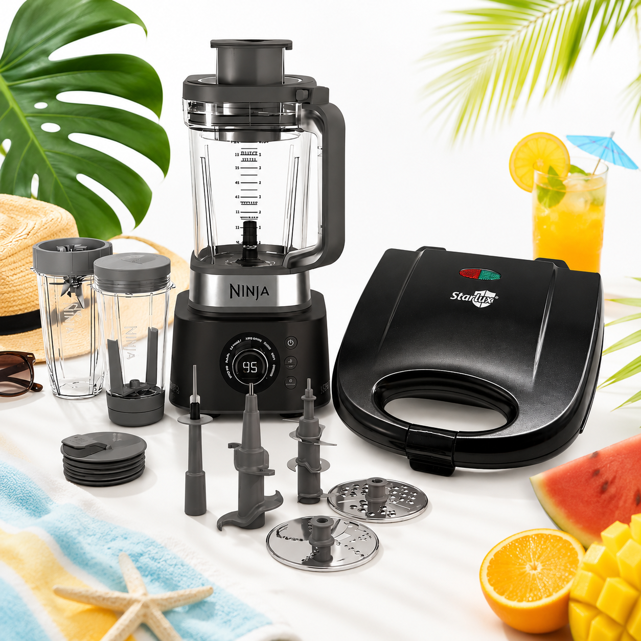 #ComboArena Licuadora y Extractor Ninja Foodie Power Ultimate CO401B y Sandwichera Antiadherente De Doble Compartimiento Starlux