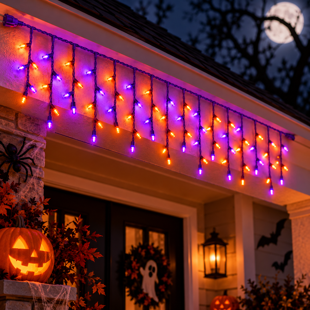 Cascada Magica Halloween cable morado, luz naranja y morada 6 mts 12W, modelo AP90074MN