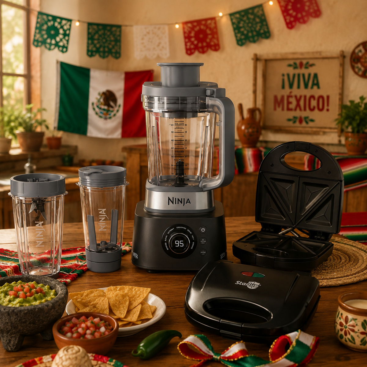 #COMBOPATRIOTICO Licuadora y Extractor Ninja Foodie Power Ultimate CO401B y Sandwichera Antiadherente De Doble Compartimiento Starlux