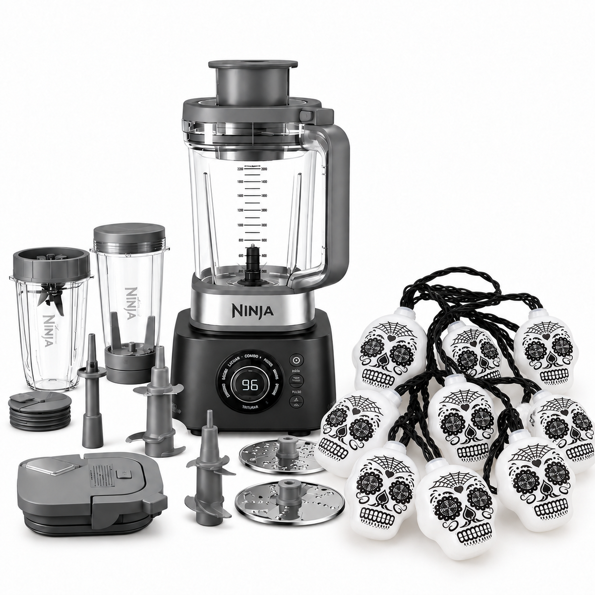 #COMBODELMÁSALLÁ Licuadora y Extractor Ninja Foodie Power Ultimate CO401B y Serie de 20 Luces LED Calavera Blanca