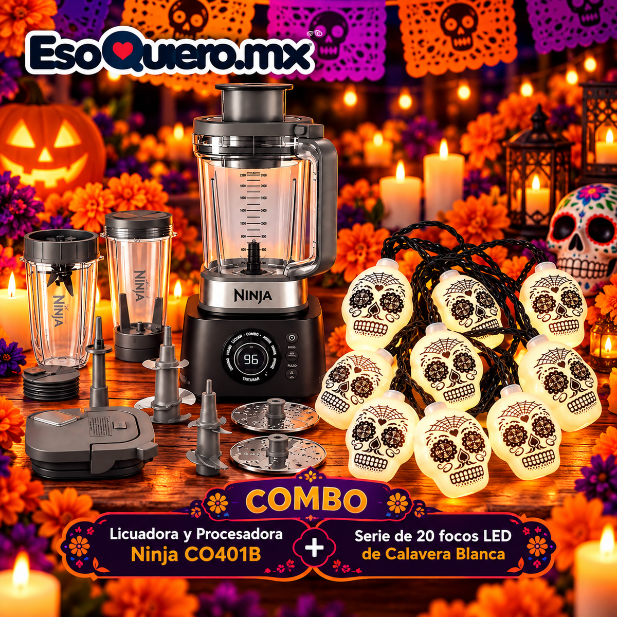 #COMBODELMÁSALLÁ Licuadora y Extractor Ninja Foodie Power Ultimate CO401B y Serie de 20 Luces LED Calavera Blanca