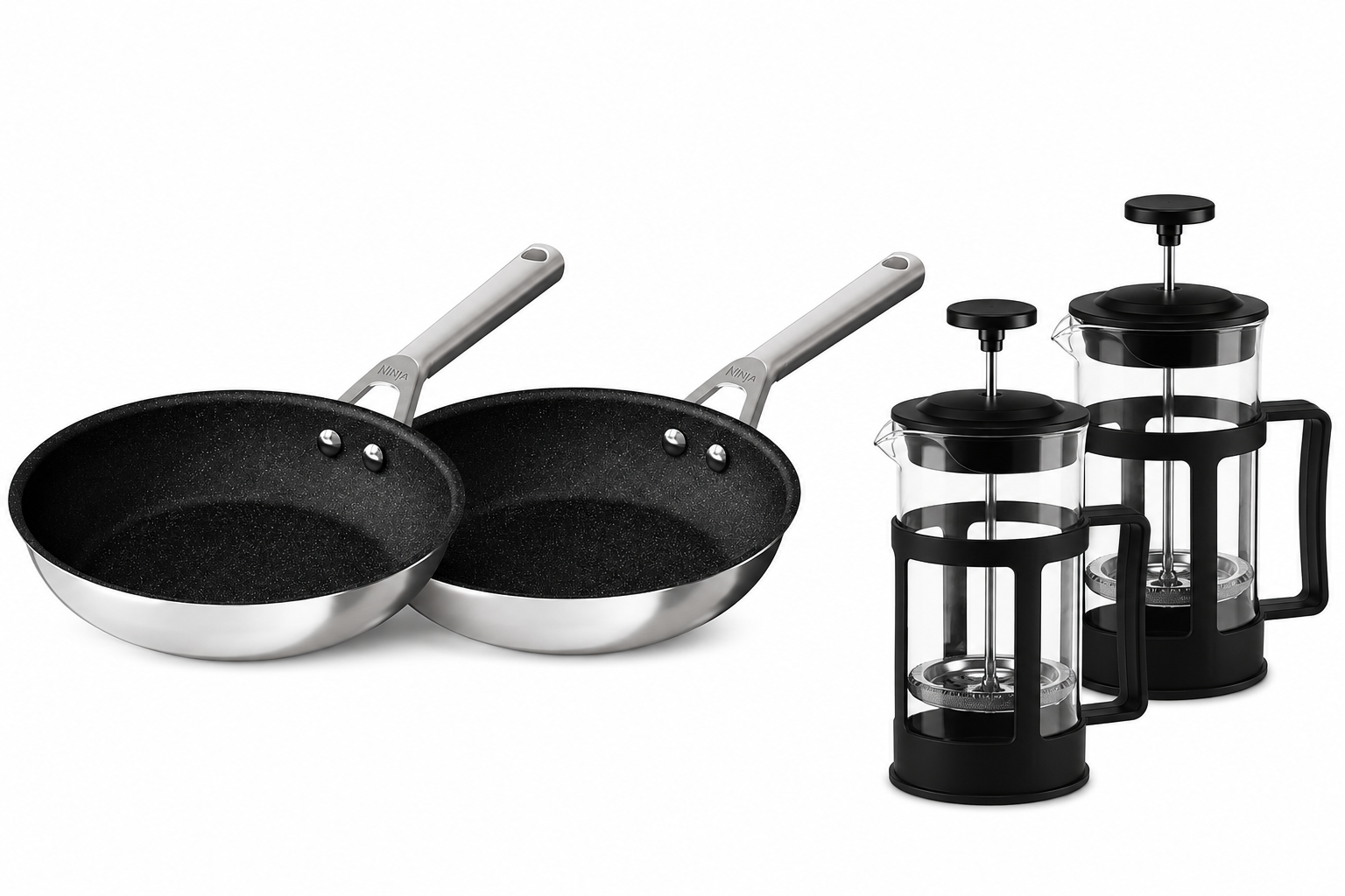 #ComboEnLaCancha Set de Dos Sartenes Ninja Foodie Never Stick C60020 y Pack 2 de Prensas Francesas Para Café
