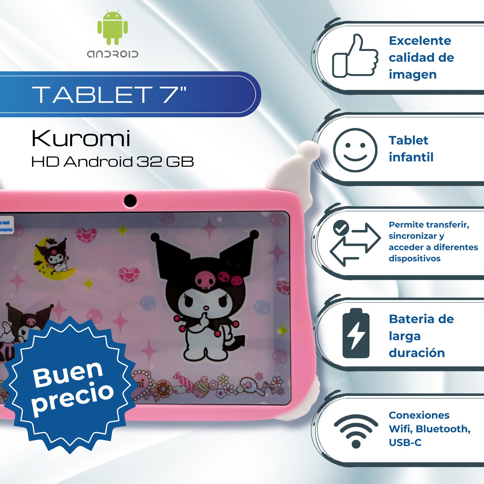 Tablet 7 Pulgadas Kuromi Android 13 HD 32 GB - 2GB Rosa