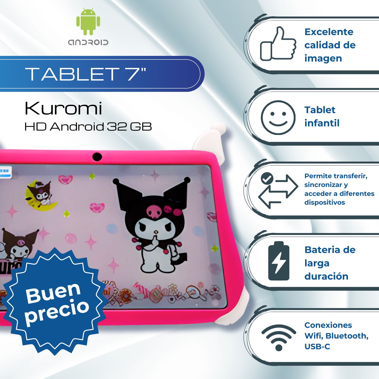 Tablet 7 Pulgadas Kuromi Android 13 HD 32 GB - 2GB Fucsia