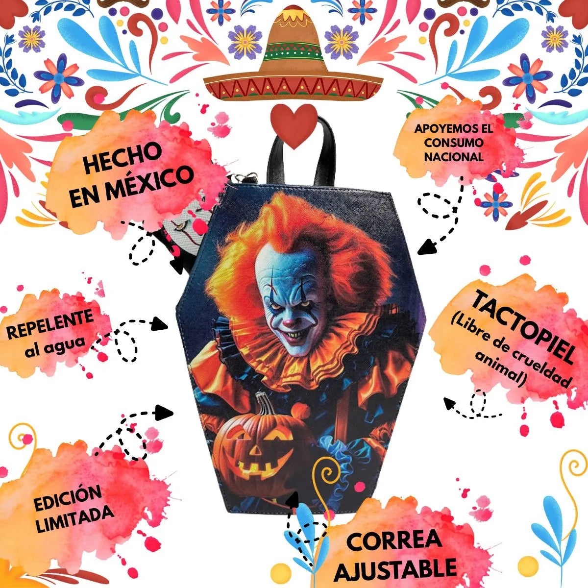 Mochila De Pennywise Payaso Eso It | 2 En 1 Bolsa Y Bolsa Mochila En Forma De Ataúd Hecha En México | Con Monedero De Regalo Y Correa Ajustable