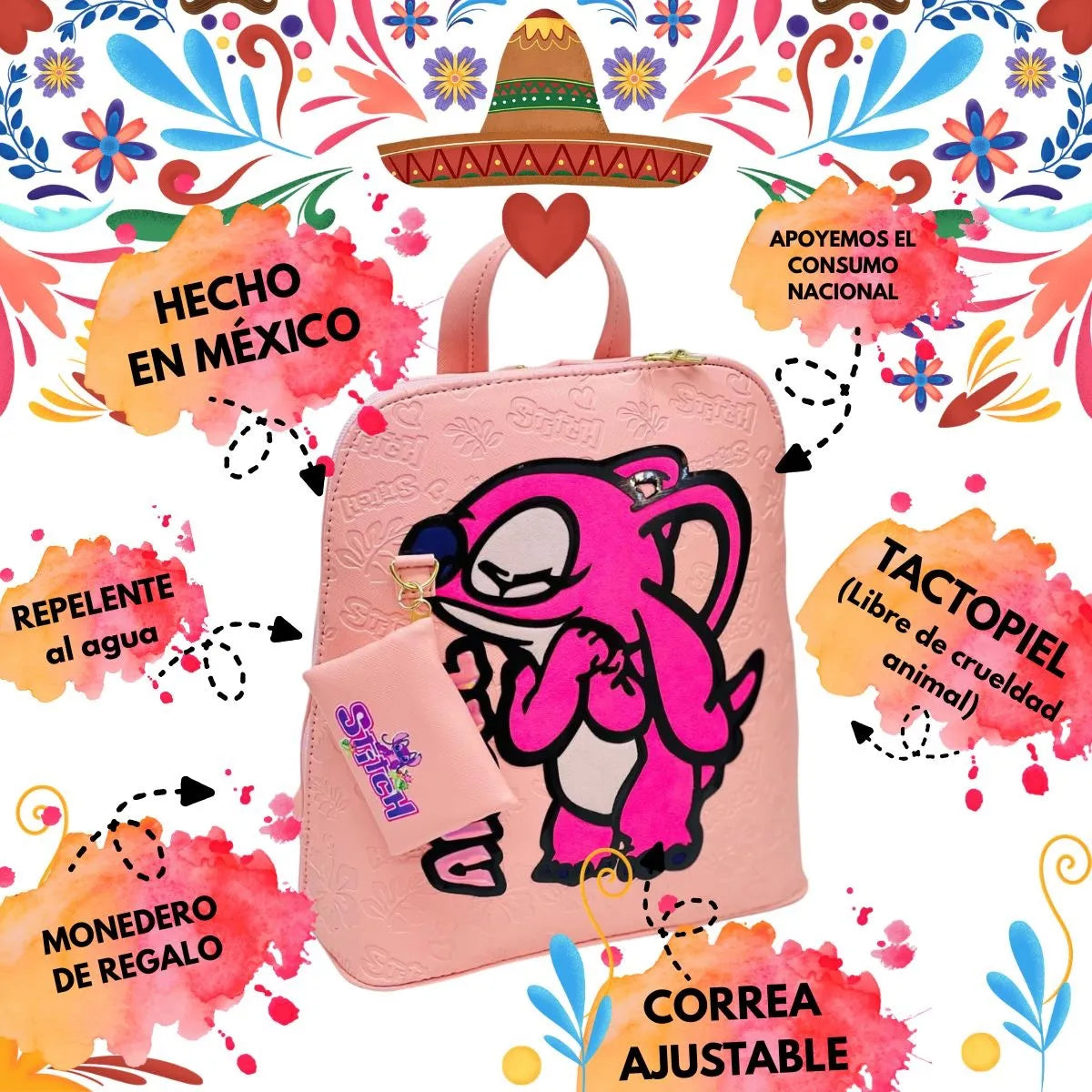 Mochila De Angel, Hecha En México, Tacto Piel, Repelente A La Lluvia Con Monedero De Regalo