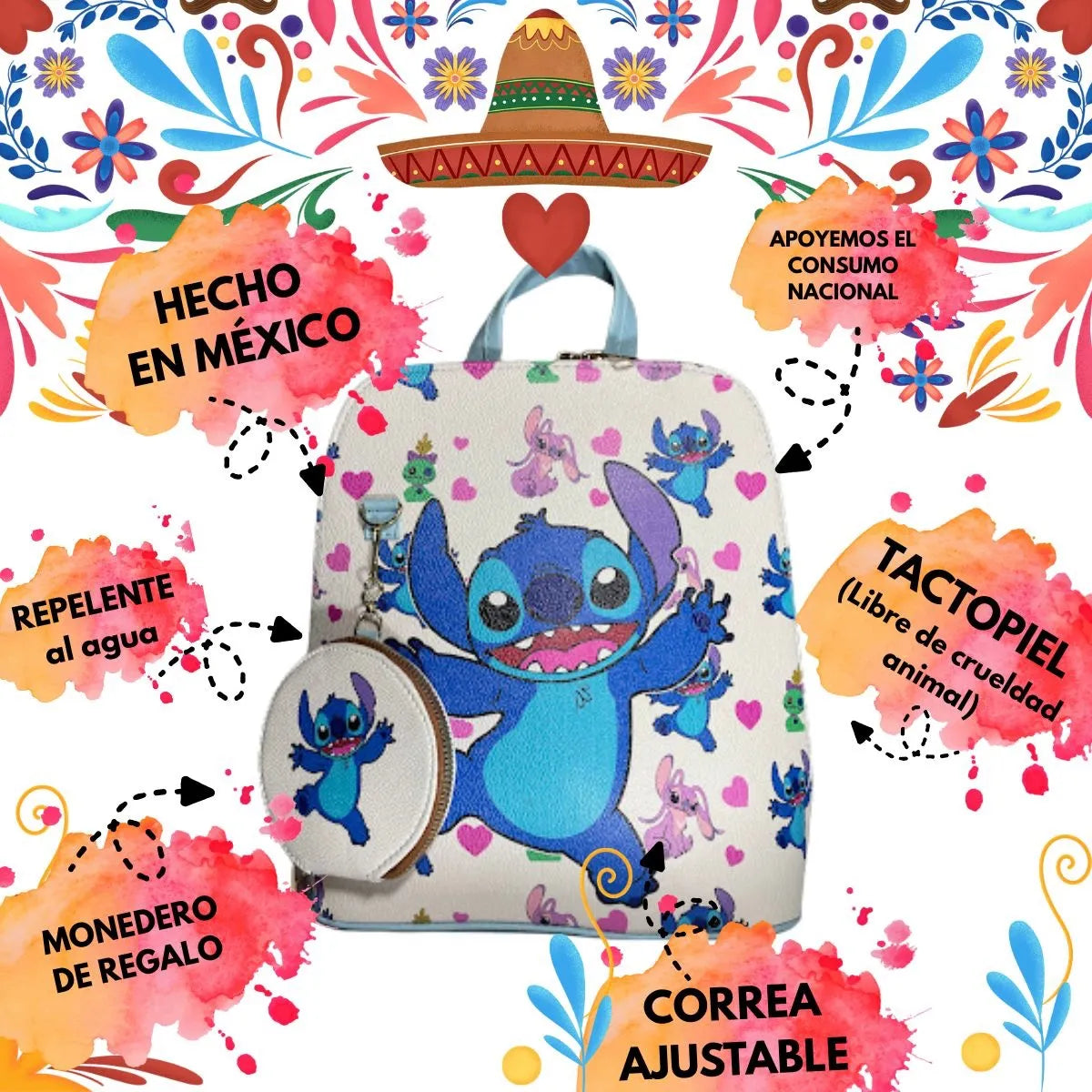 Mochila De Stitch Hecha En México, Tacto Piel, Repelente A La Lluvia Con Monedero De Regalo