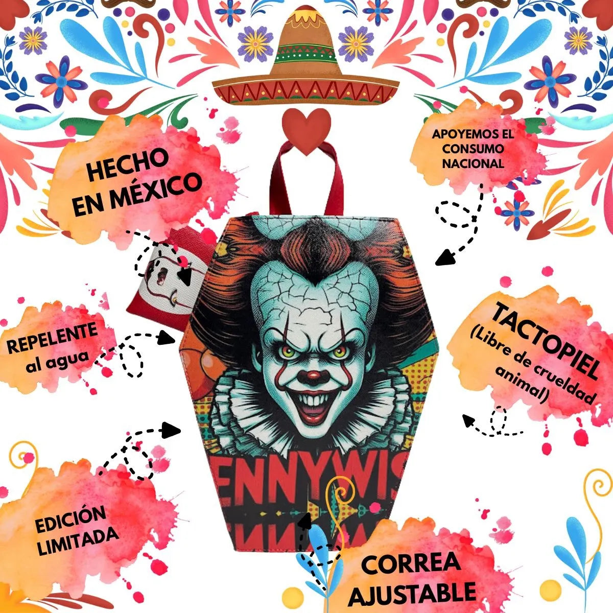 Mochila De Pennywise Payaso Eso It | 2 En 1 Bolsa Y Bolsa Mochila En Forma De Ataúd Hecha En México | Con Monedero De Regalo Y Correa Ajustable
