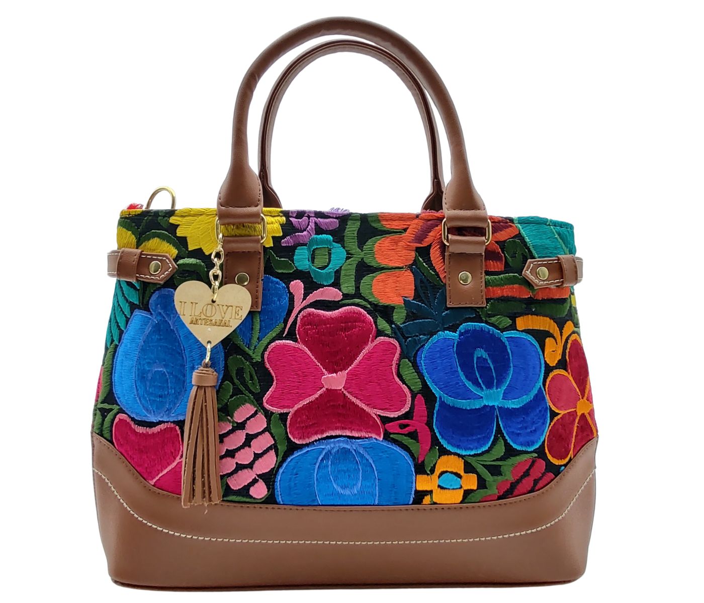 Bolsa Artesanal Floral Hecha en México Piel Vegana Correa Ajustable