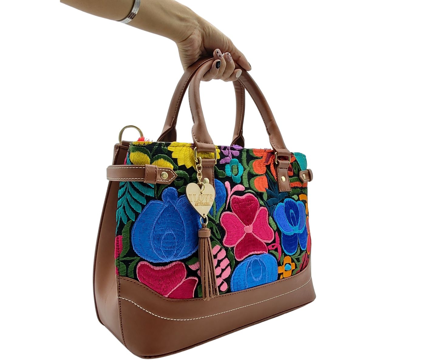 Bolsa Artesanal Floral Hecha en México Piel Vegana Correa Ajustable