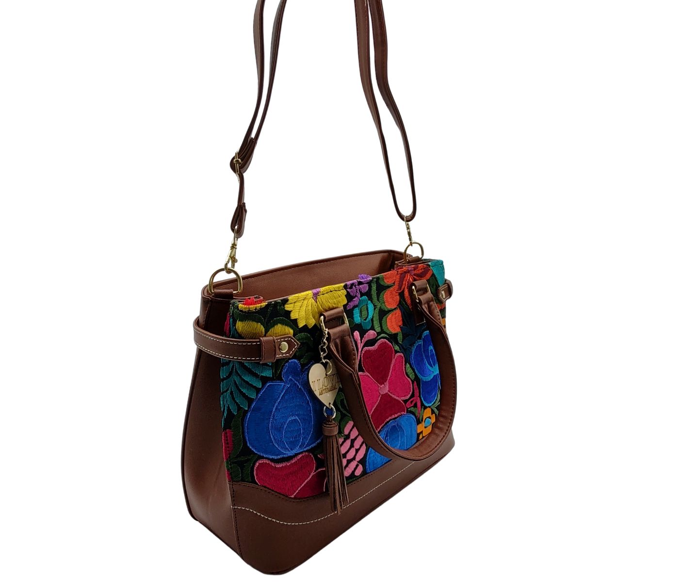 Bolsa Artesanal Floral Hecha en México Piel Vegana Correa Ajustable