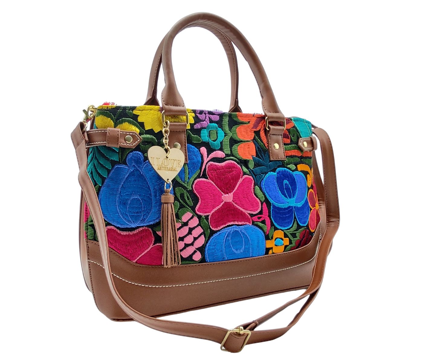 Bolsa Artesanal Floral Hecha en México Piel Vegana Correa Ajustable
