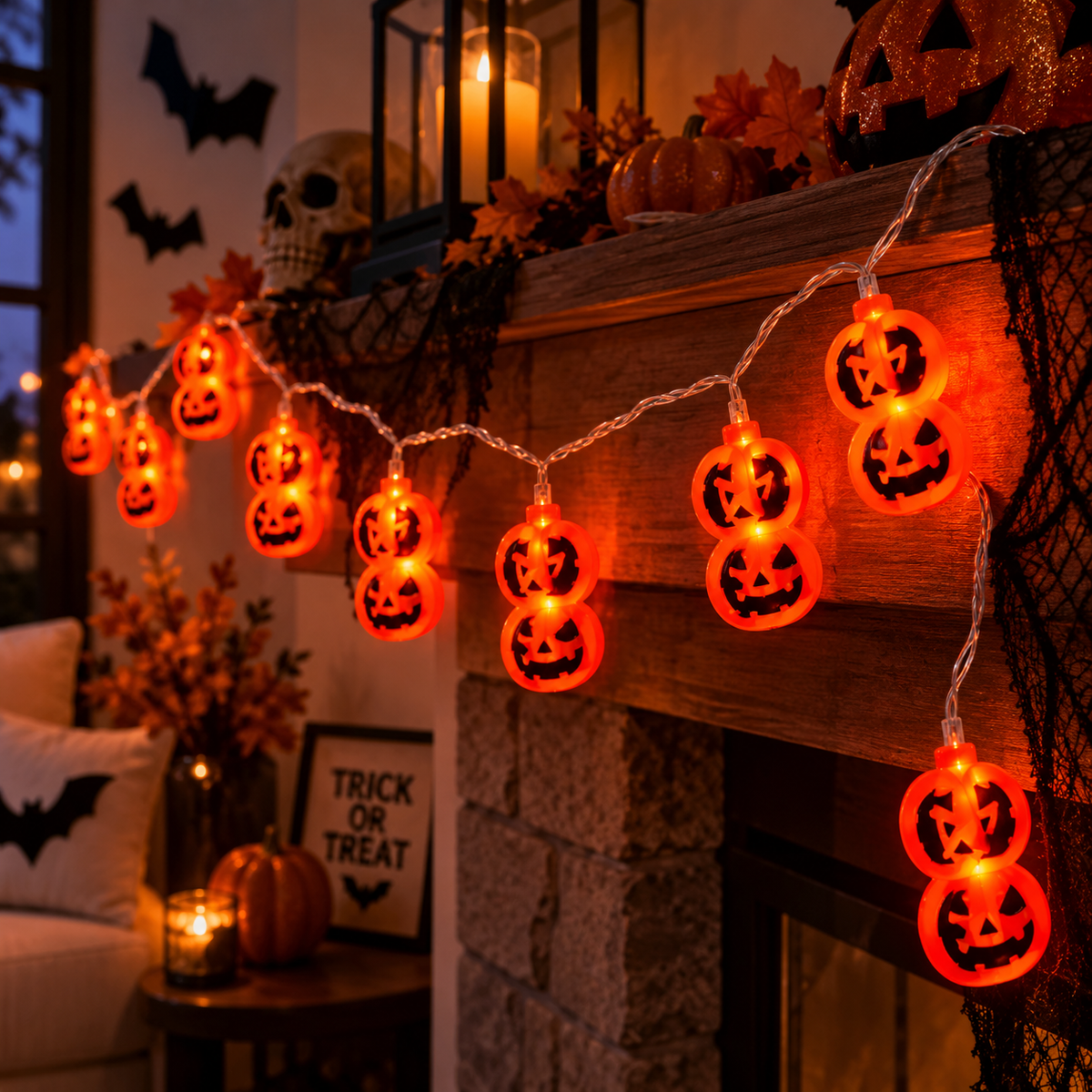 Serie de Halloween doble calabaza naranja, 20 luces LED, 8 Funciones de luz, 20W, 60 Hz, modelo HL26342