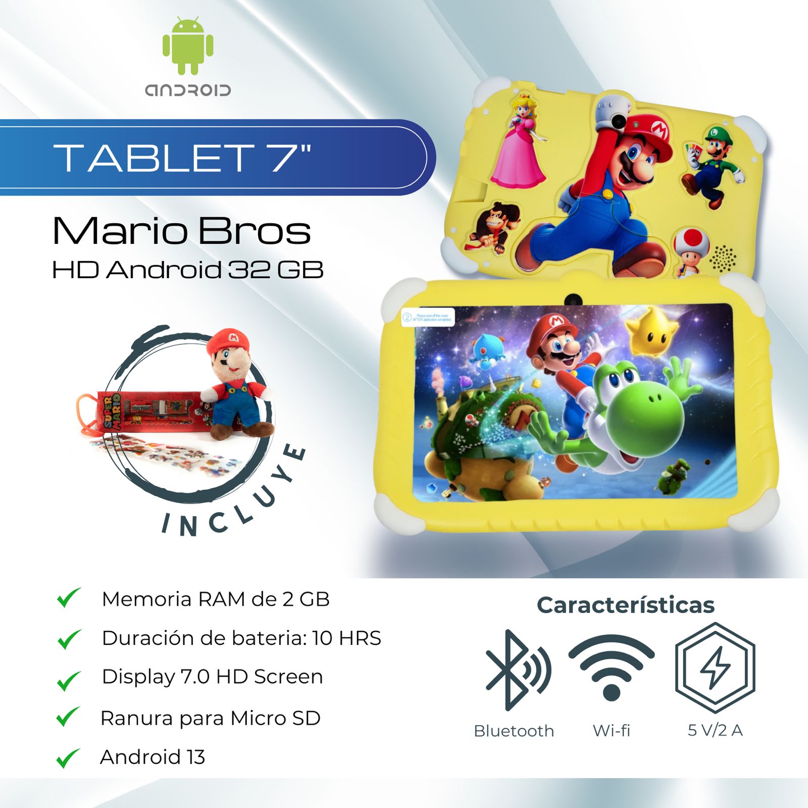 Tablet 7 Pulgadas Mario Bros HD Android 32 GB - 2 GB RAM Amarilla