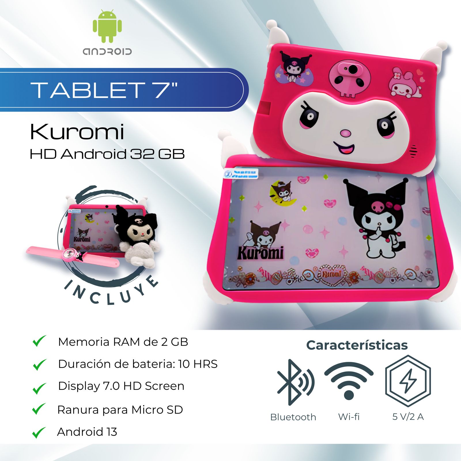 Tablet 7 Pulgadas Kuromi Android 13 HD 32 GB - 2GB Fucsia