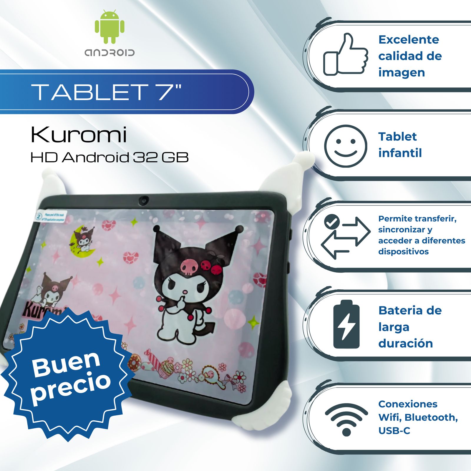 Tablet 7 Pulgadas Kuromi Android 13 HD 32 GB - 2GB Gris