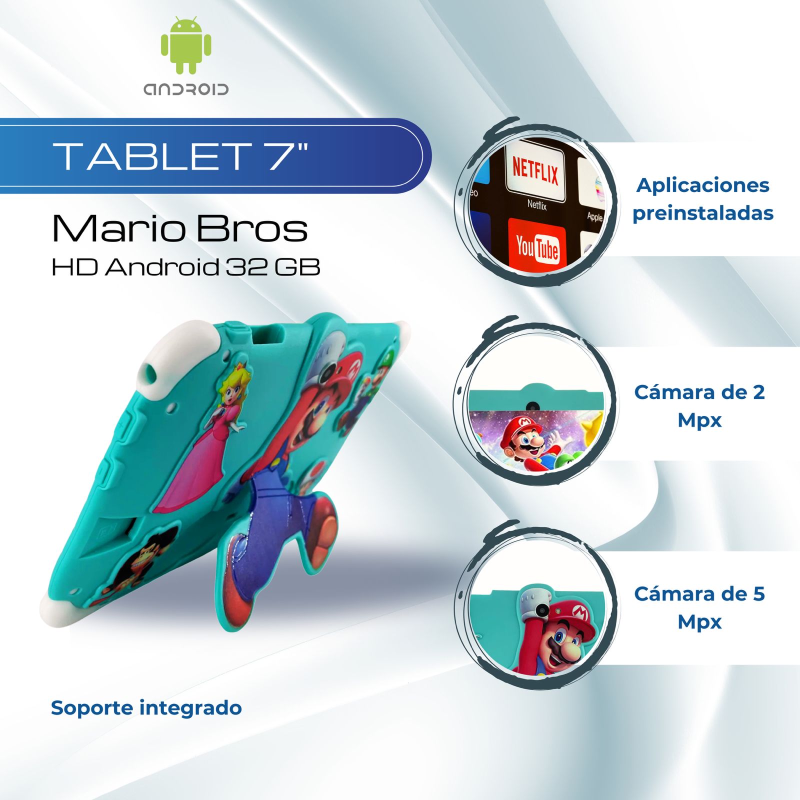 Tablet 7 Pulgadas Mario Bros HD Android 32 GB - 2 GB RAM Aqua