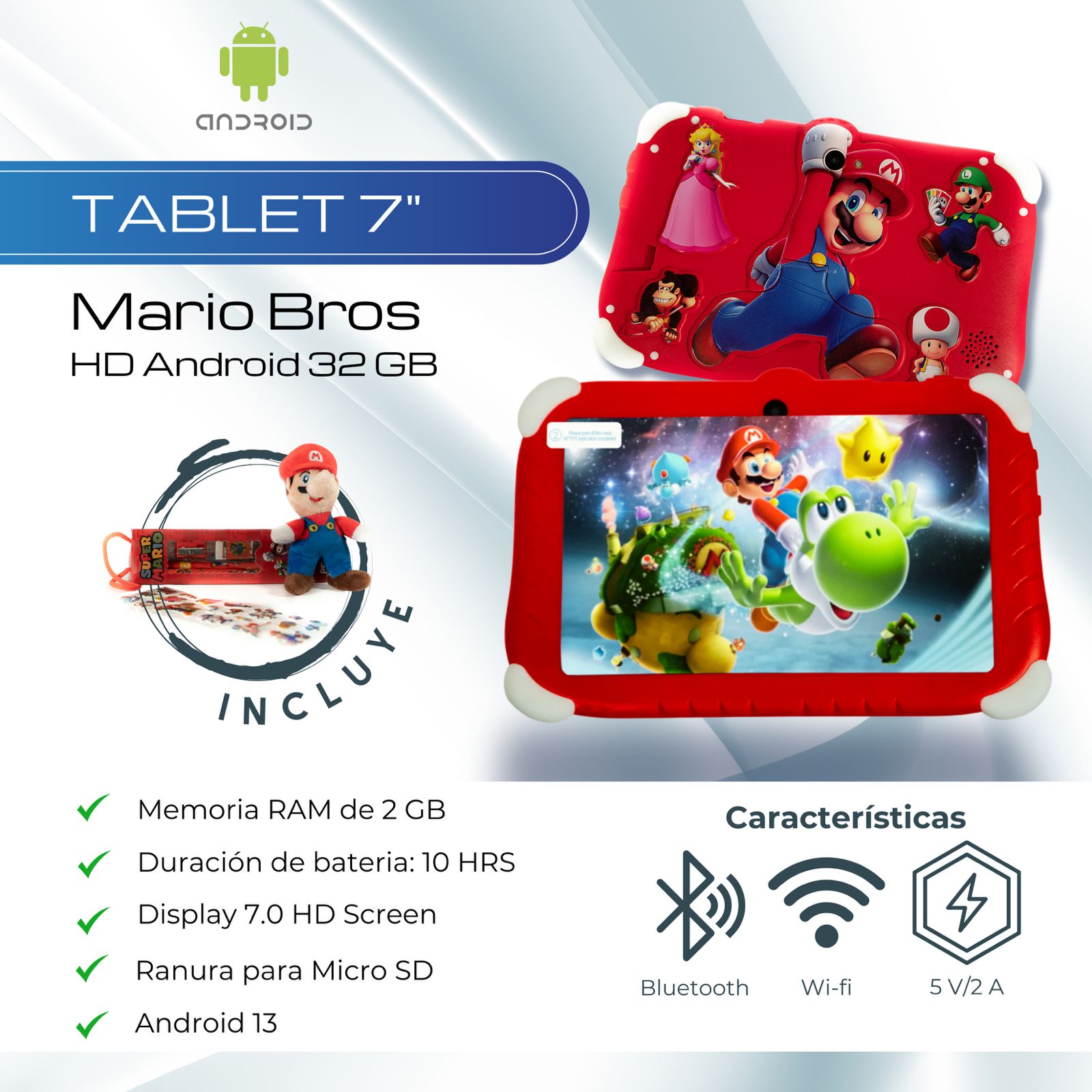 Tablet 7 Pulgadas Eso Quiero Mario Bros HD Android 32 GB - 2 GB RAM Roja