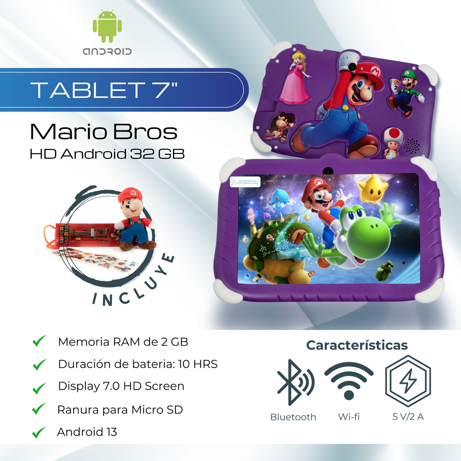 Tablet 7 Pulgadas Mario Bros HD Android 32 GB - 2 GB RAM Morado