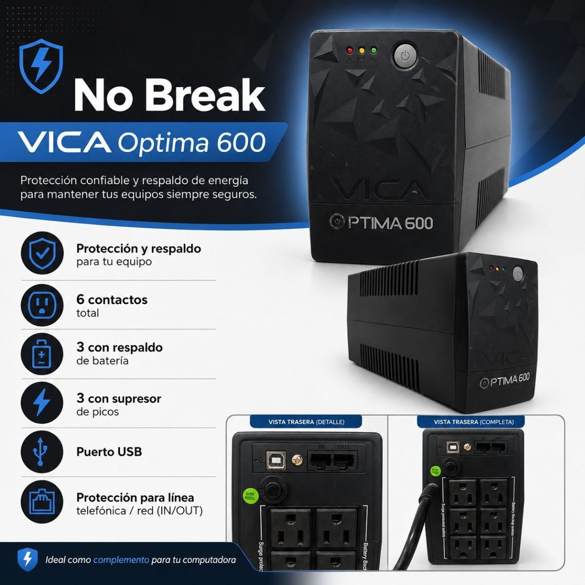 No Break VICA Con Regulador de Voltaje Optima 600 de 6 contactos 127V