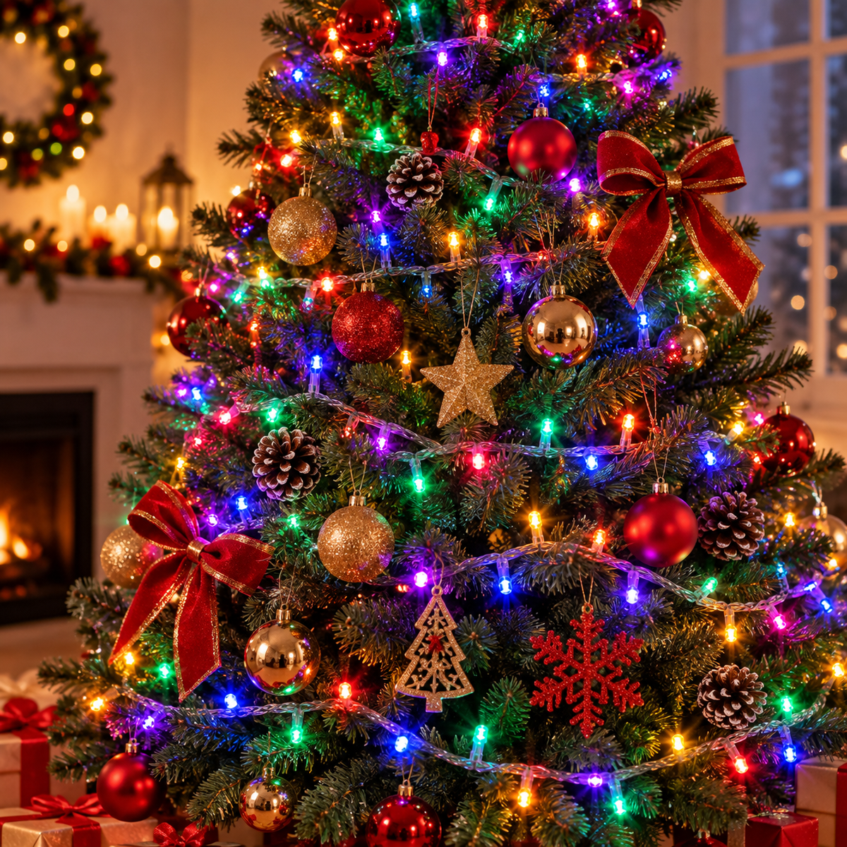 Serie de navidad mágica multicolor 500 leds, cable transparente, 8 funciones, 22.5m, 20W, 60 Hz, Modelo L564018