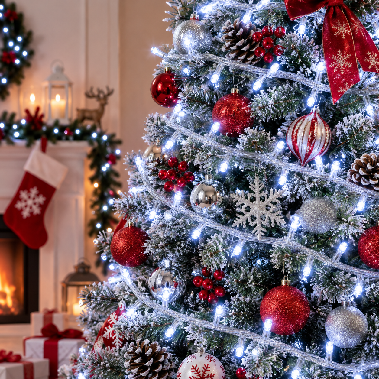 Serie de navidad mágica de luz blanca con 500 leds, cable transparente, 8 funciones, 22.5m, 120v, modelo L564019