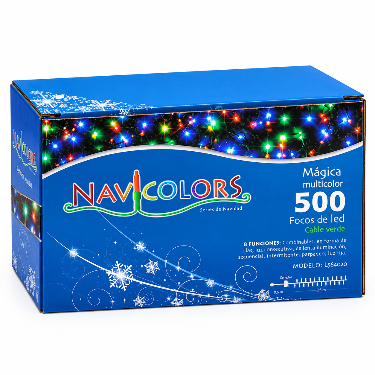 Serie de navidad mágica multicolor 500 leds, cable verde, 8 funciones, 22.5m, 120v, modelo L564020