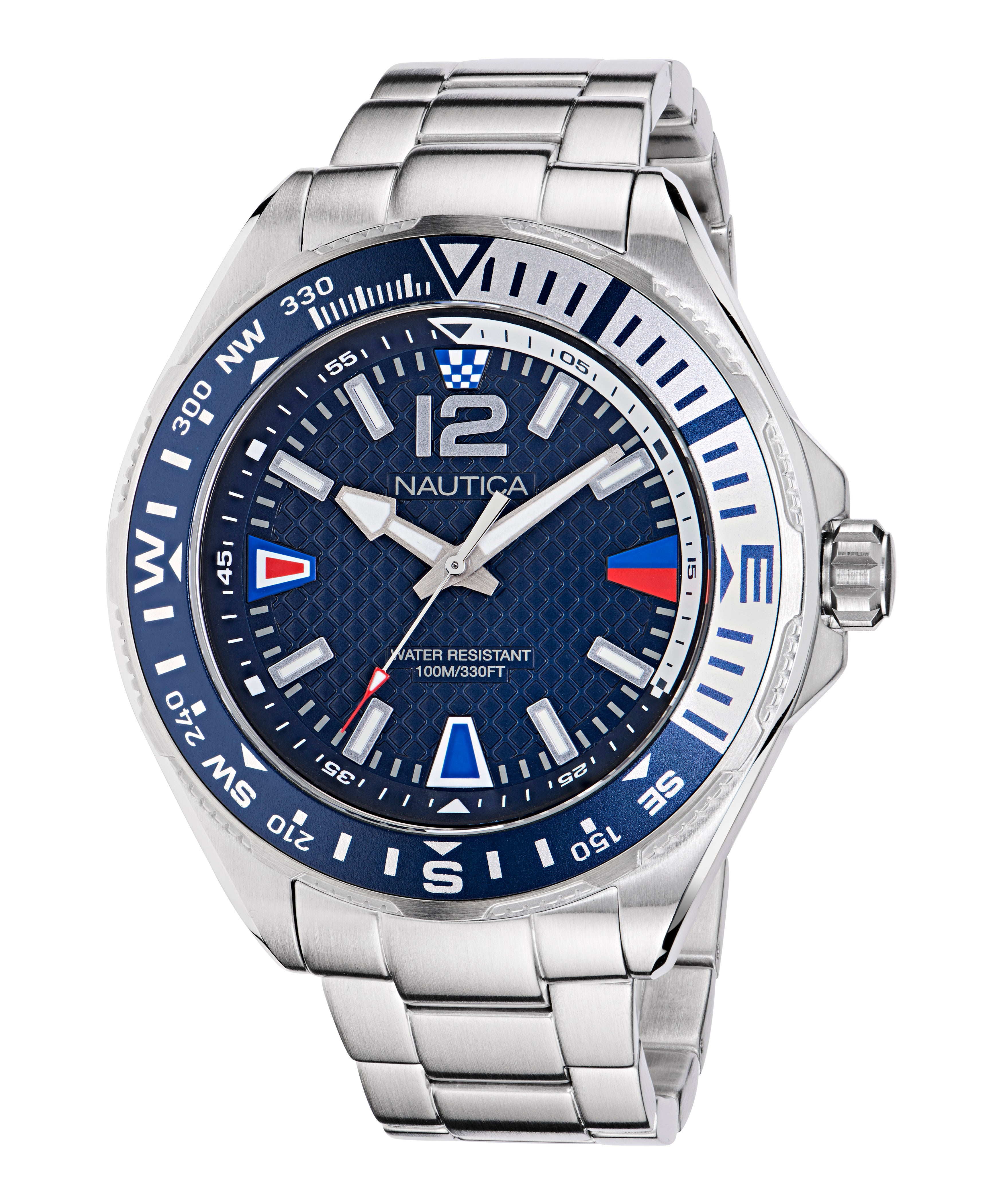 Reloj Nautica Cab Clearwater Beach 3 Hands Caratula Azul y Brazalete Plata Caja 48mm NAPCWF301