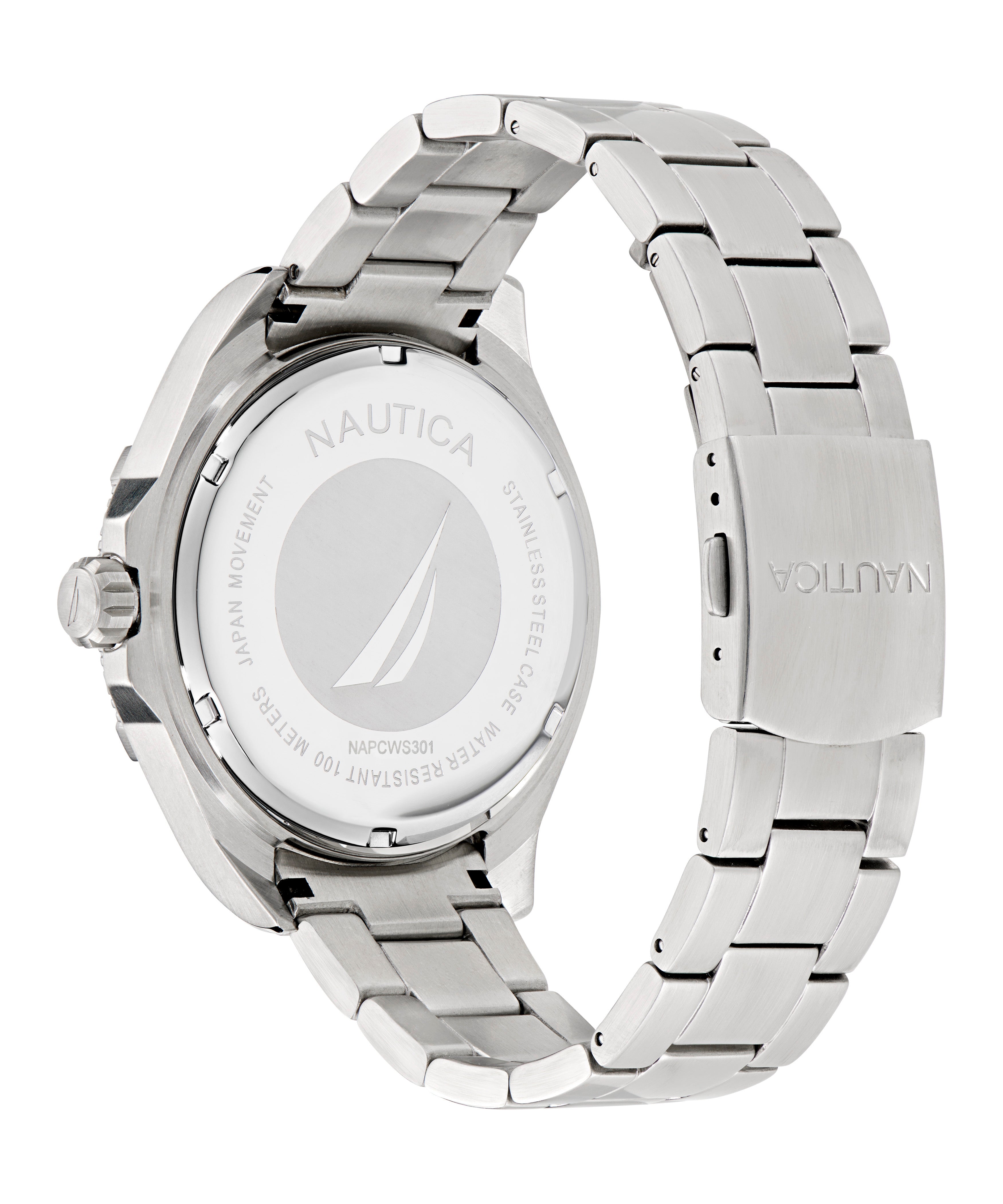 Reloj Nautica Cab Clearwater Beach 3 Hands Caratula Azul y Brazalete Plata Caja 48mm NAPCWF301