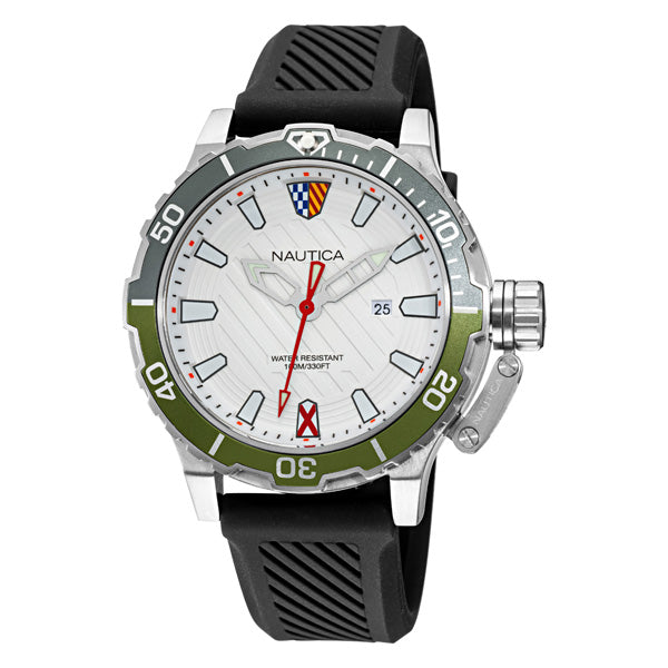 Reloj Nautica Cab Glenrock Lagoon 3 Manecillas Caratula Plata y Correa Negra Caja 46mm NAPGLS112