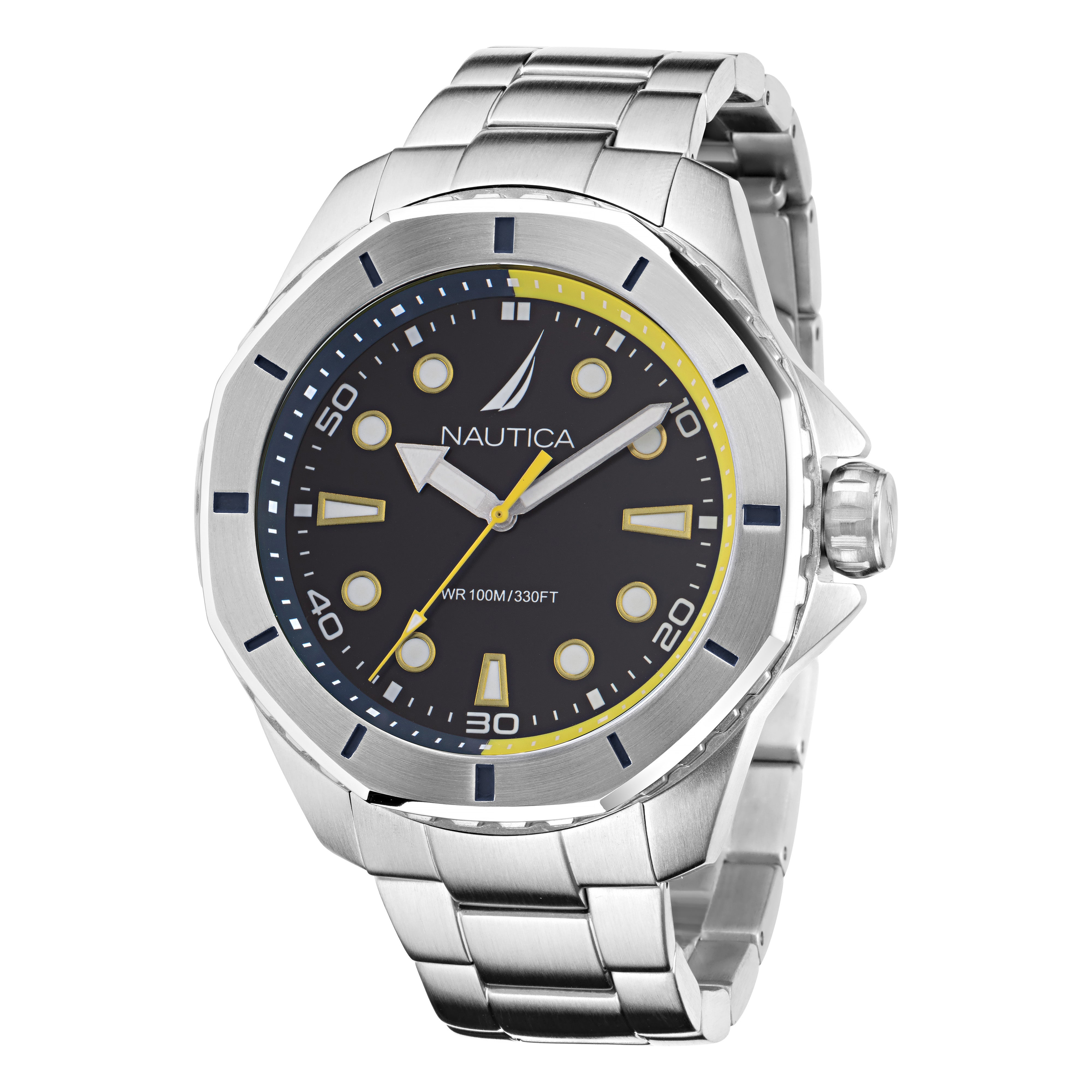 Reloj Nautica Cab Koh May Bay 3 Manecillas Caratula Negro y Brazalete Plata Caja 46 mm NAPKMS301