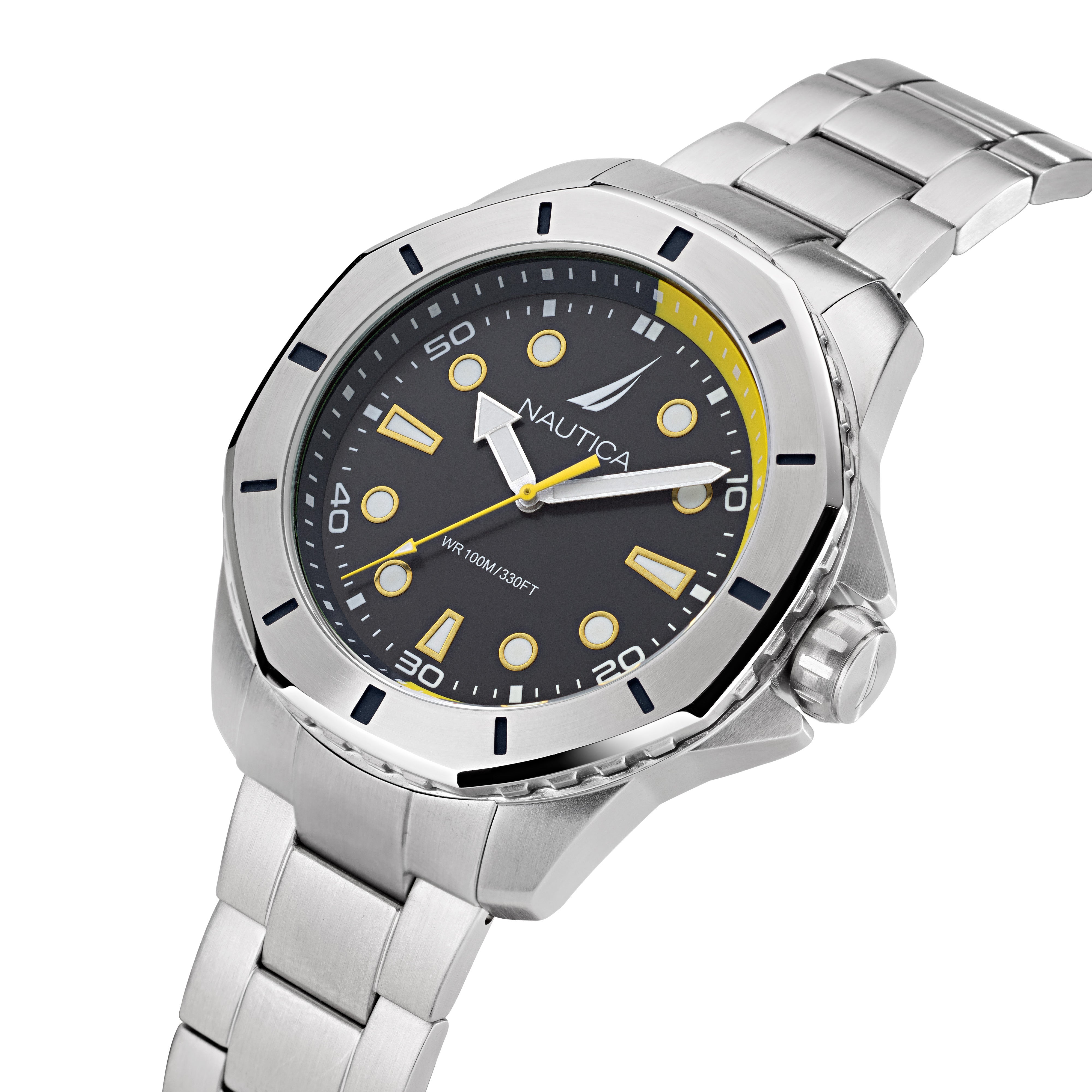 Reloj Nautica Cab Koh May Bay 3 Manecillas Caratula Negro y Brazalete Plata Caja 46 mm NAPKMS301