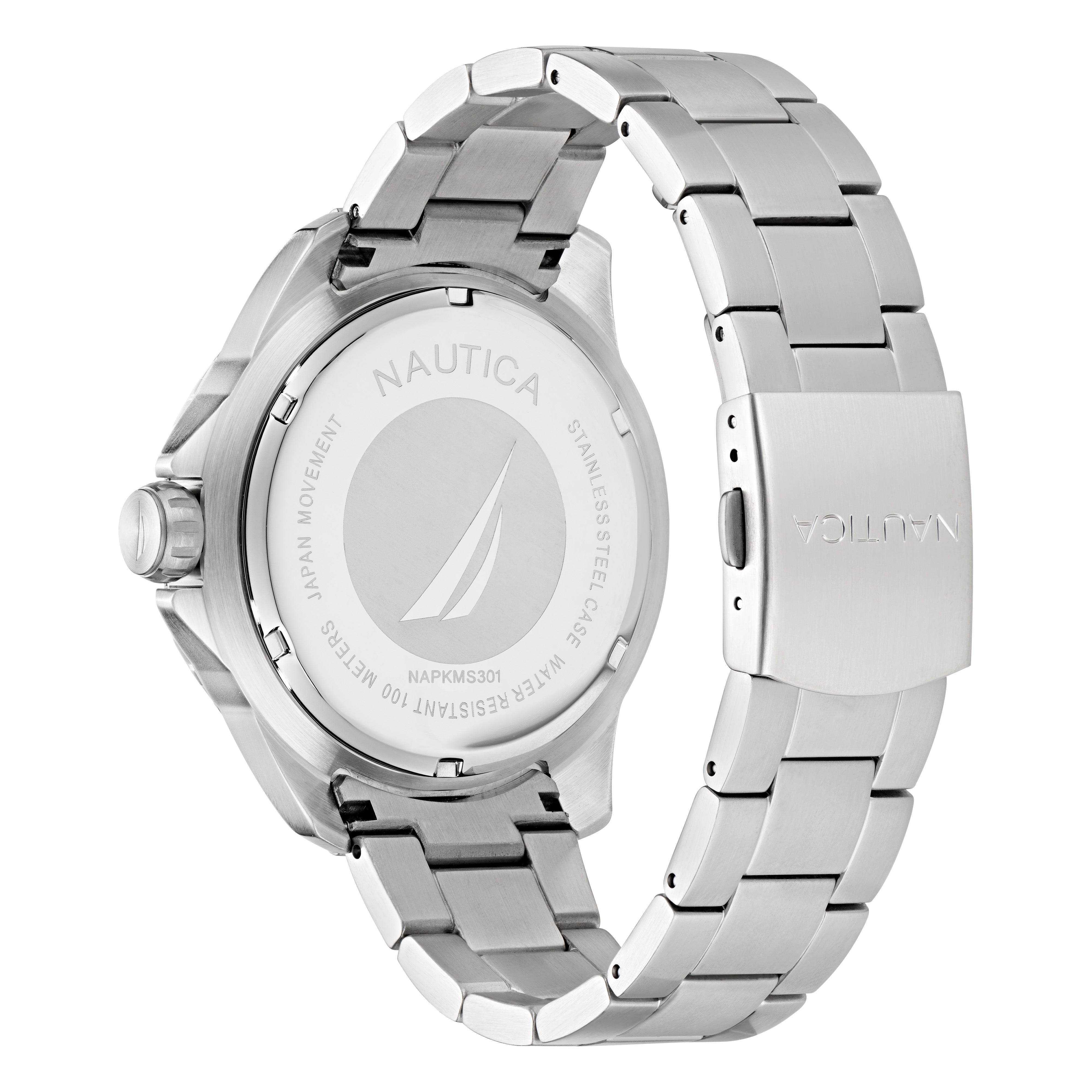 Reloj Nautica Cab Koh May Bay 3 Manecillas Caratula Negro y Brazalete Plata Caja 46 mm NAPKMS301