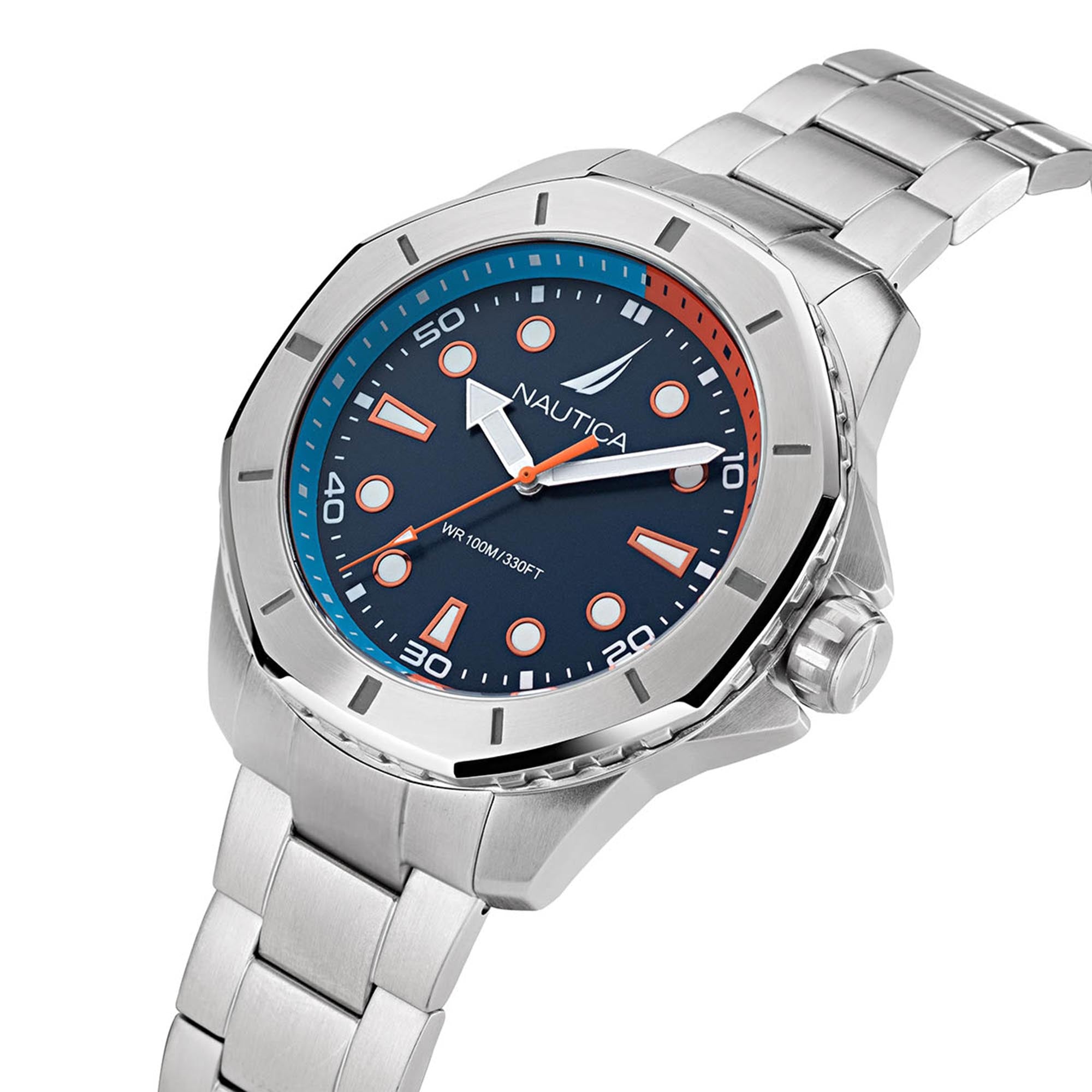 Reloj Nautica Cab Koh May Bay 3 Manecillas Caratula Azul y Brazalete Plata Caja 46 mm NAPKMS302