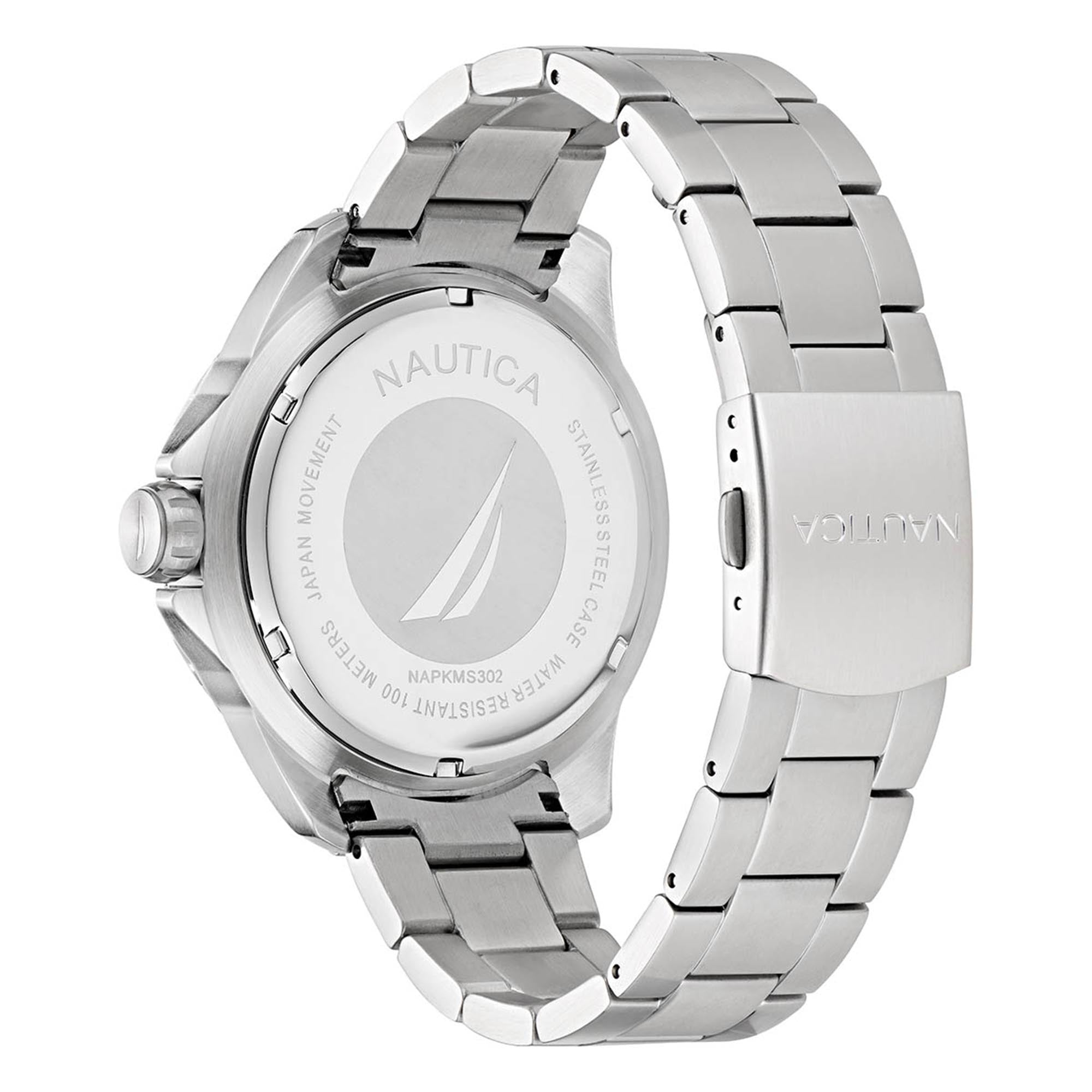 Reloj Nautica Cab Koh May Bay 3 Manecillas Caratula Azul y Brazalete Plata Caja 46 mm NAPKMS302