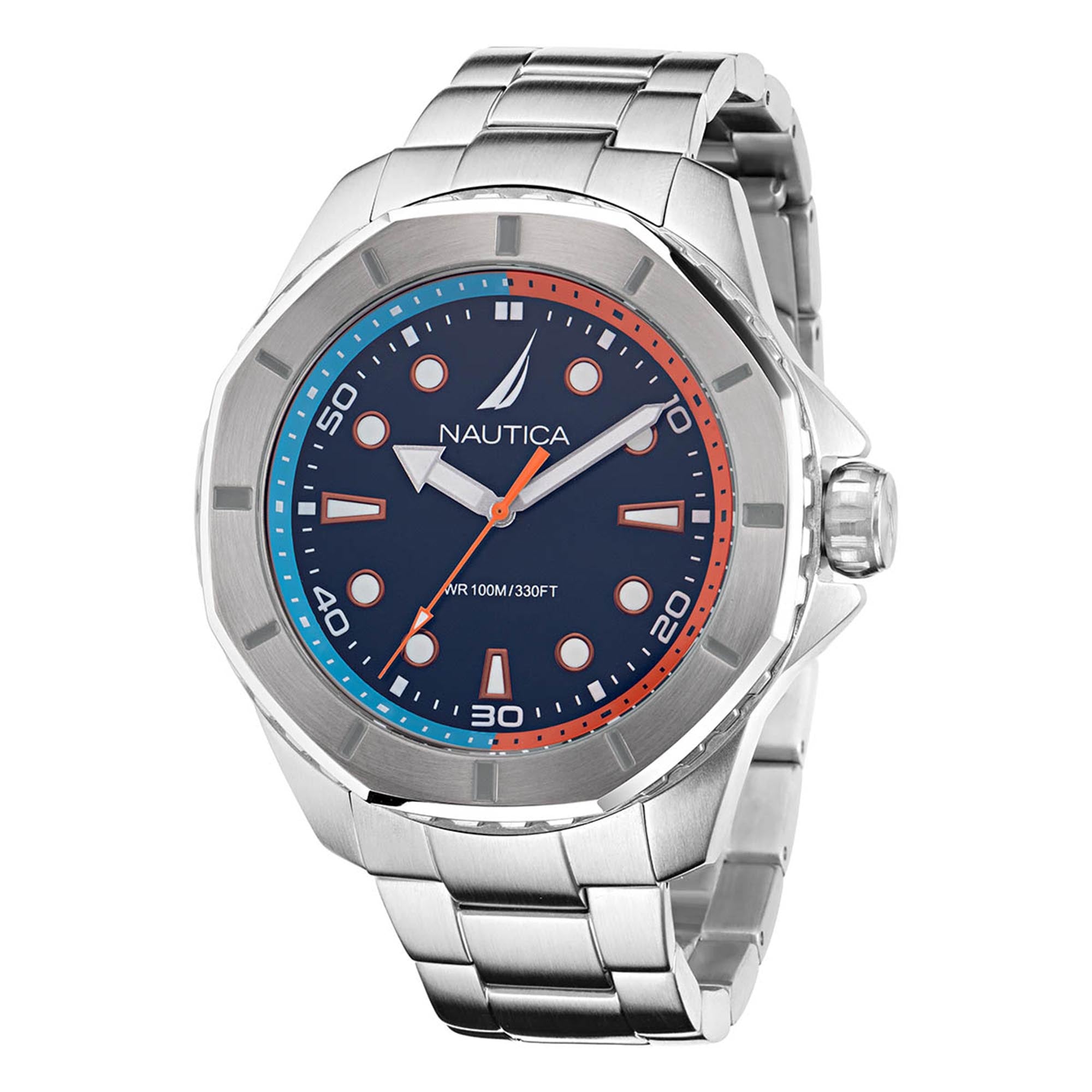 Reloj Nautica Cab Koh May Bay 3 Manecillas Caratula Azul y Brazalete Plata Caja 46 mm NAPKMS302