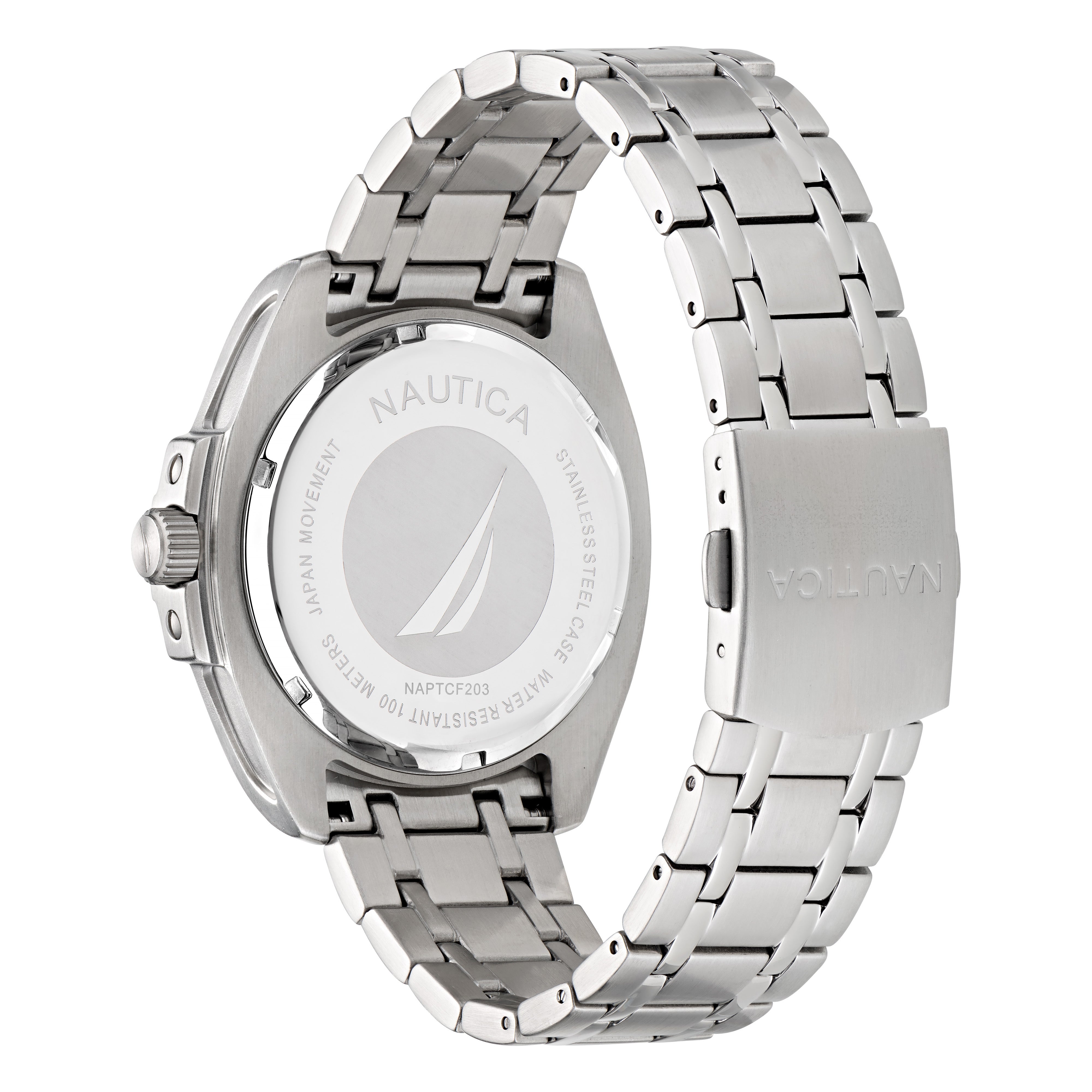 Reloj Nautica Tin Can Bay 3 Hands Fechador Caratula Azul y Brazalete Plata Caja 43 mm NAPTCF203