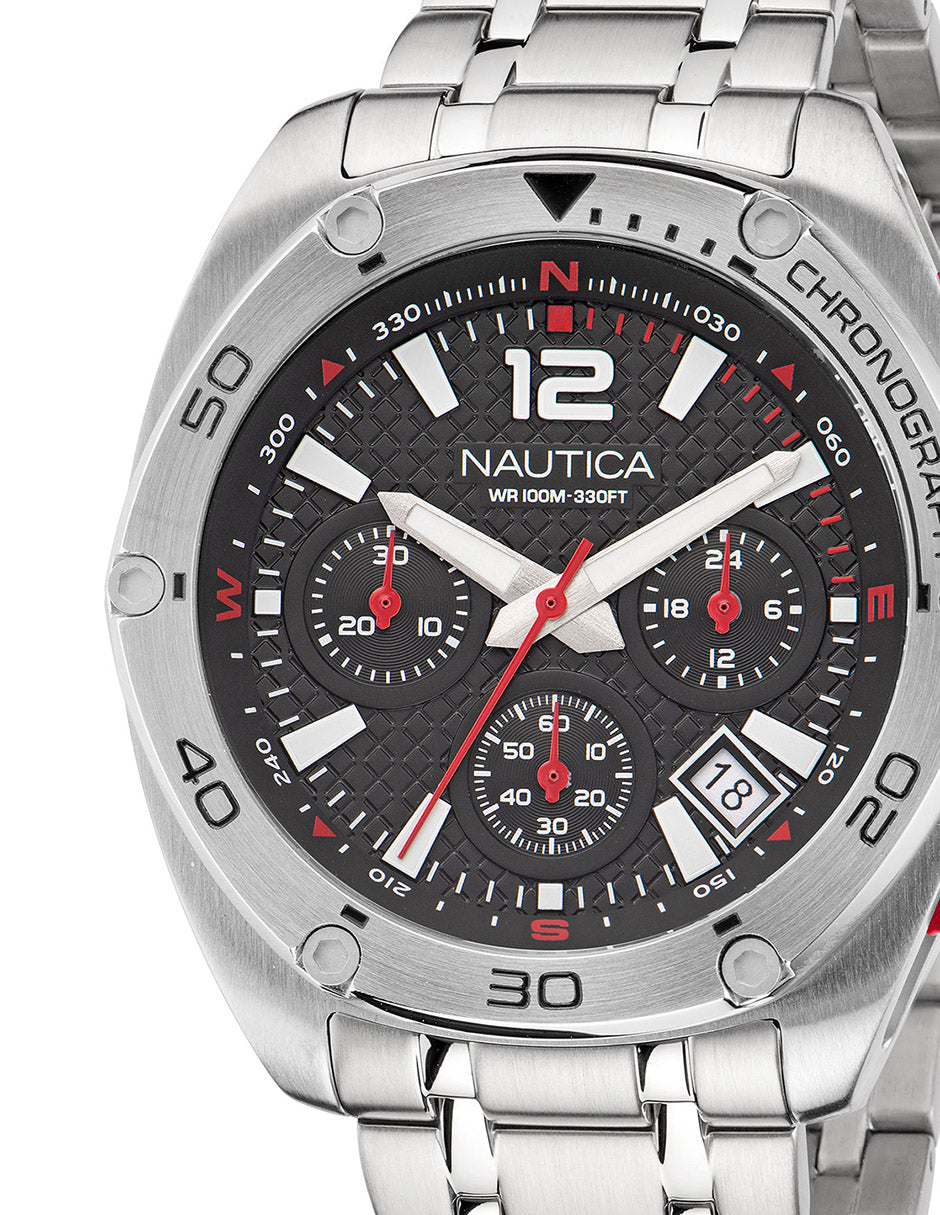 Reloj Nautica Tin Can Bay Chrono Caratula Negra y Brazalete Plata Caja 43 mm NAPTCF206
