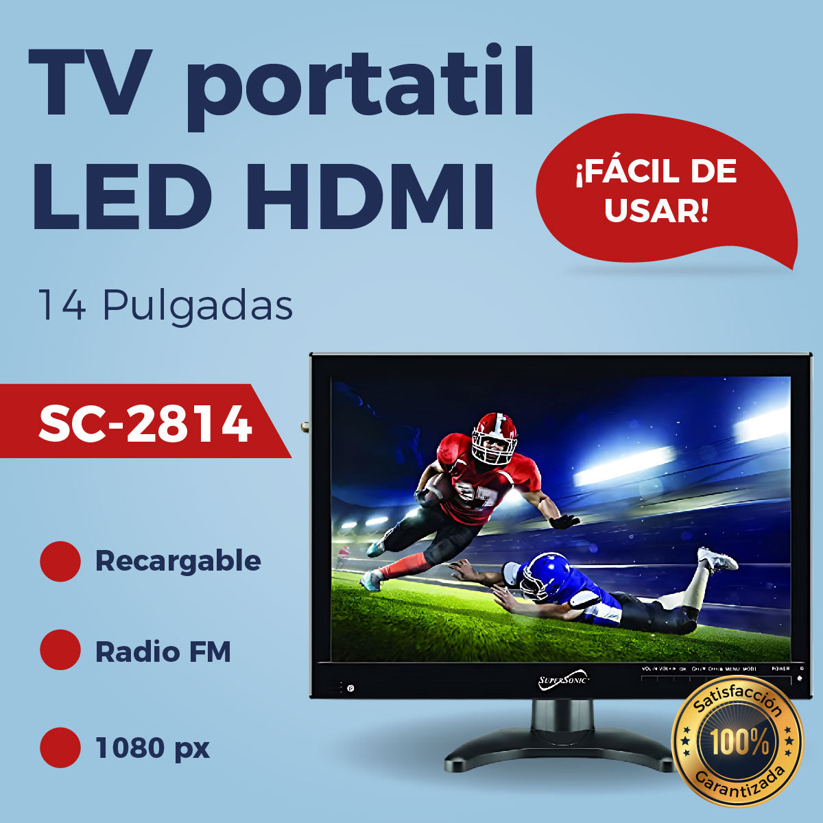 TV Portatil 14 Pulgadas Supersonic SC-2814 LED HDMI Radio FM USB Recargable