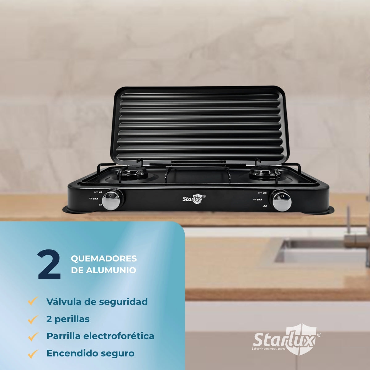 Parrilla/estufa De 2 Quemadores De Gas Con Tapa Color Negro Negro SGS-6002B