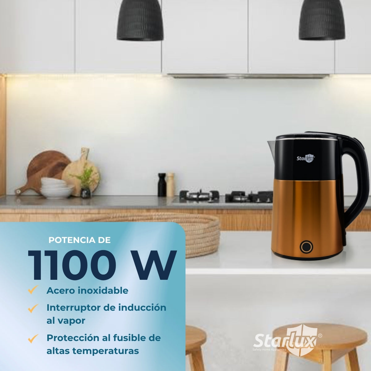 Jarra eléctrica dorada Starlux de 2.3 L, de acero inoxidable y protector contra quemaduras SL-24155