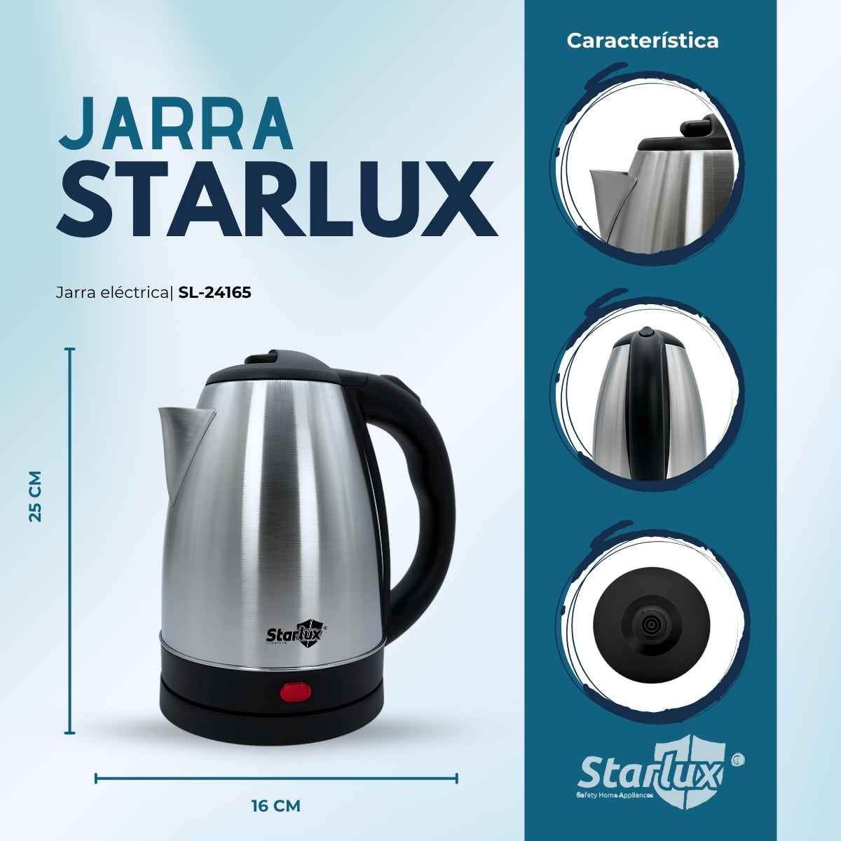 Jarra eléctrica Starlux 2L 1000w, apagado automático, acero inoxidable SL-24165