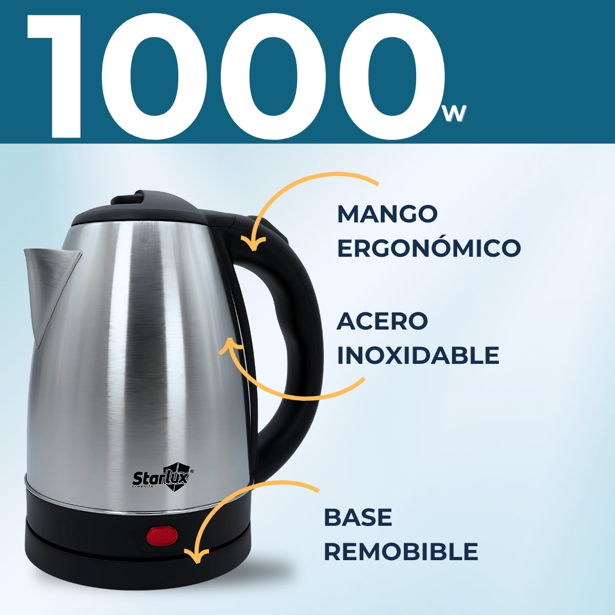 Jarra eléctrica Starlux 2L 1000w, apagado automático, acero inoxidable SL-24165