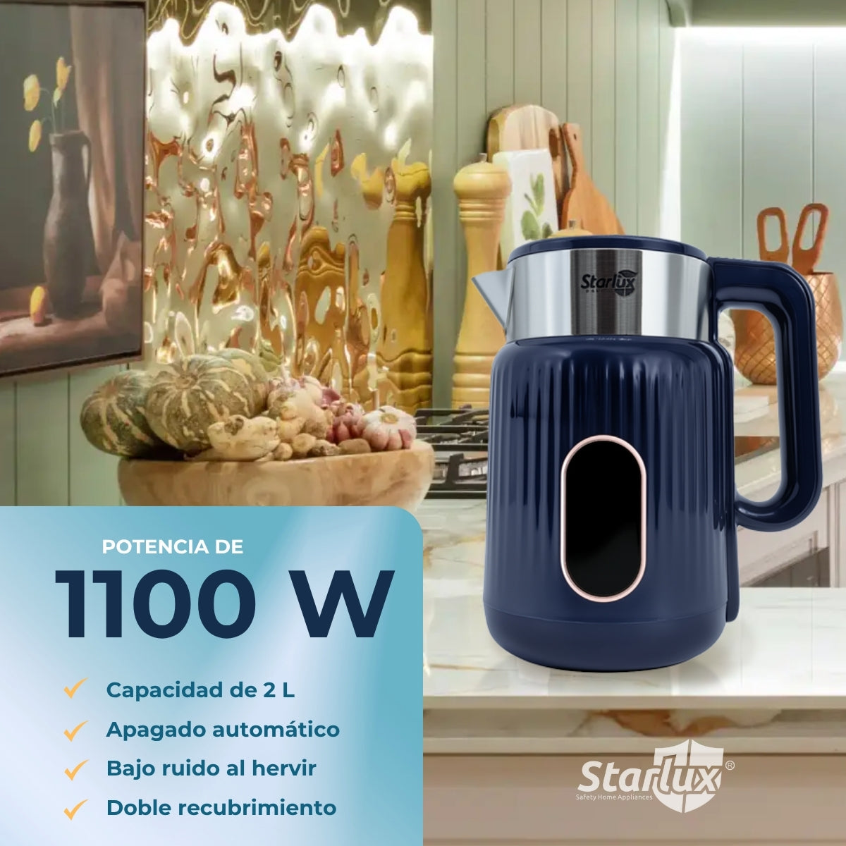 Jarra eléctrica Starlux 2L, doble capa envejecida, apagado automático, fácil de limpiar, bajo ruido de agua hirviendo color azul SL-24177.