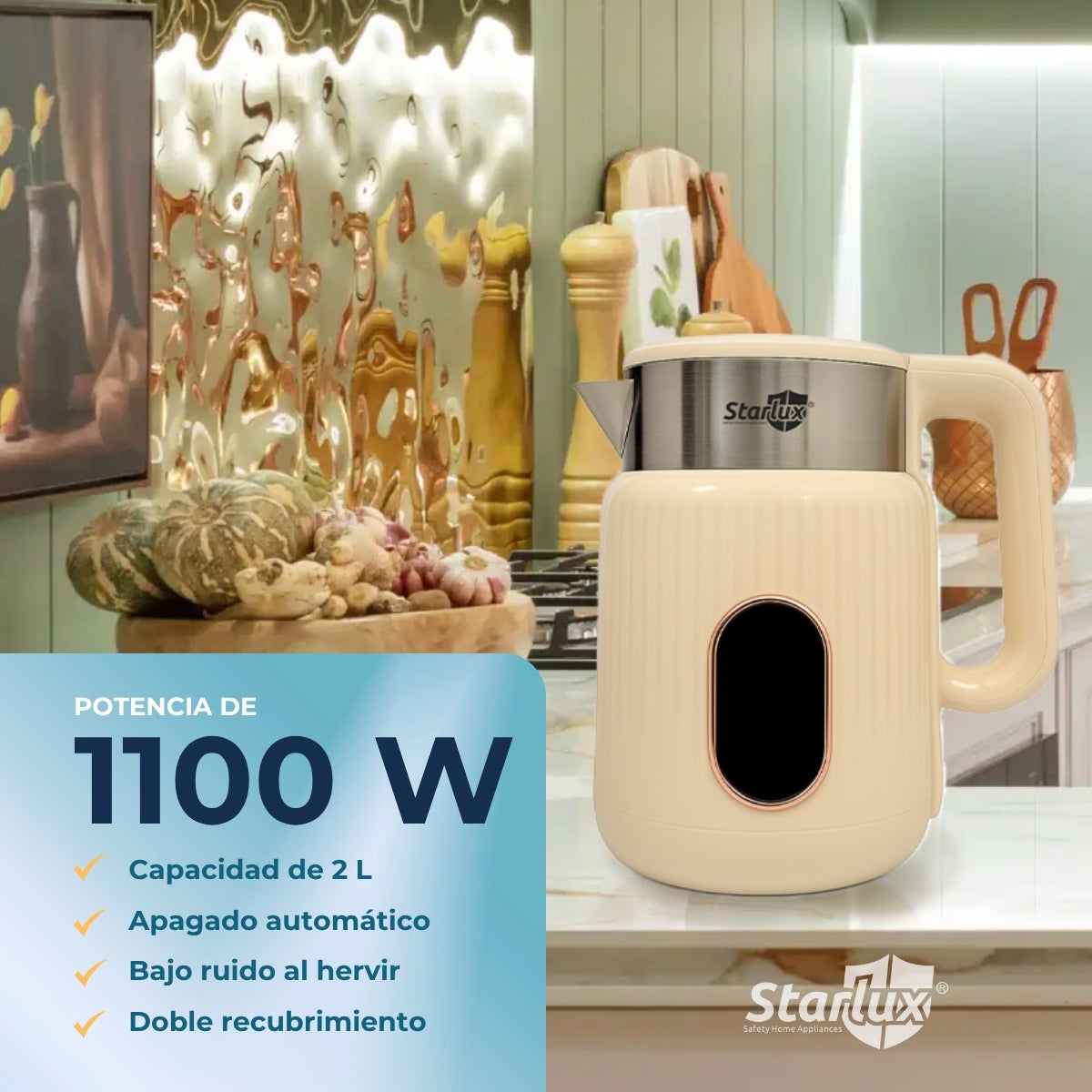 Jarra eléctrica Starlux 2L con doble capa y apagado automatico SL-24177 color blanco
