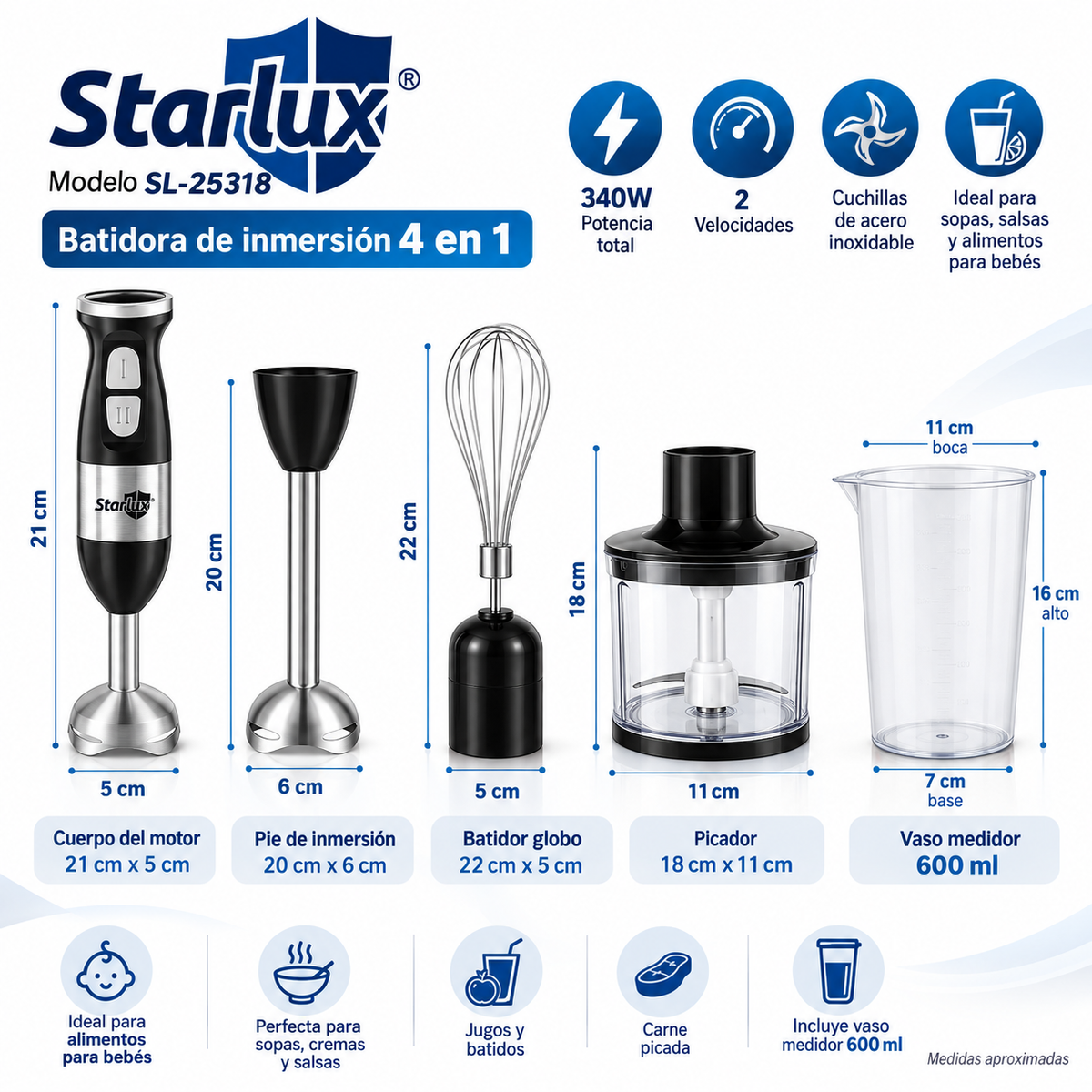 Batidora de mano 4 en 1 Starlux SL-25318 de 2 velocidades 340W